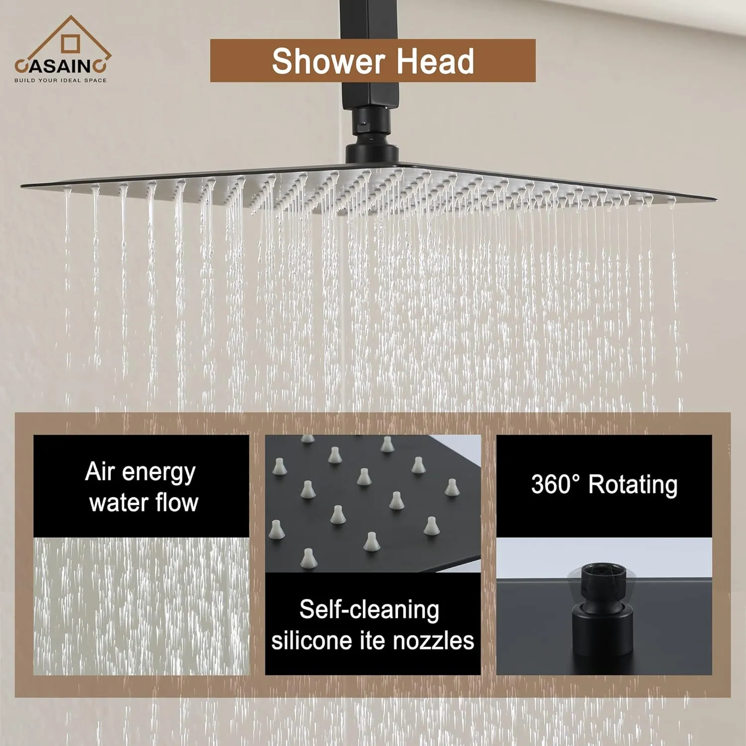 CASAINC Rainfall Shower Head Shower System 12" Ceiling Mounted Shower Head with Handheld Spray Combo Shower Trim Kit, Matte Black
