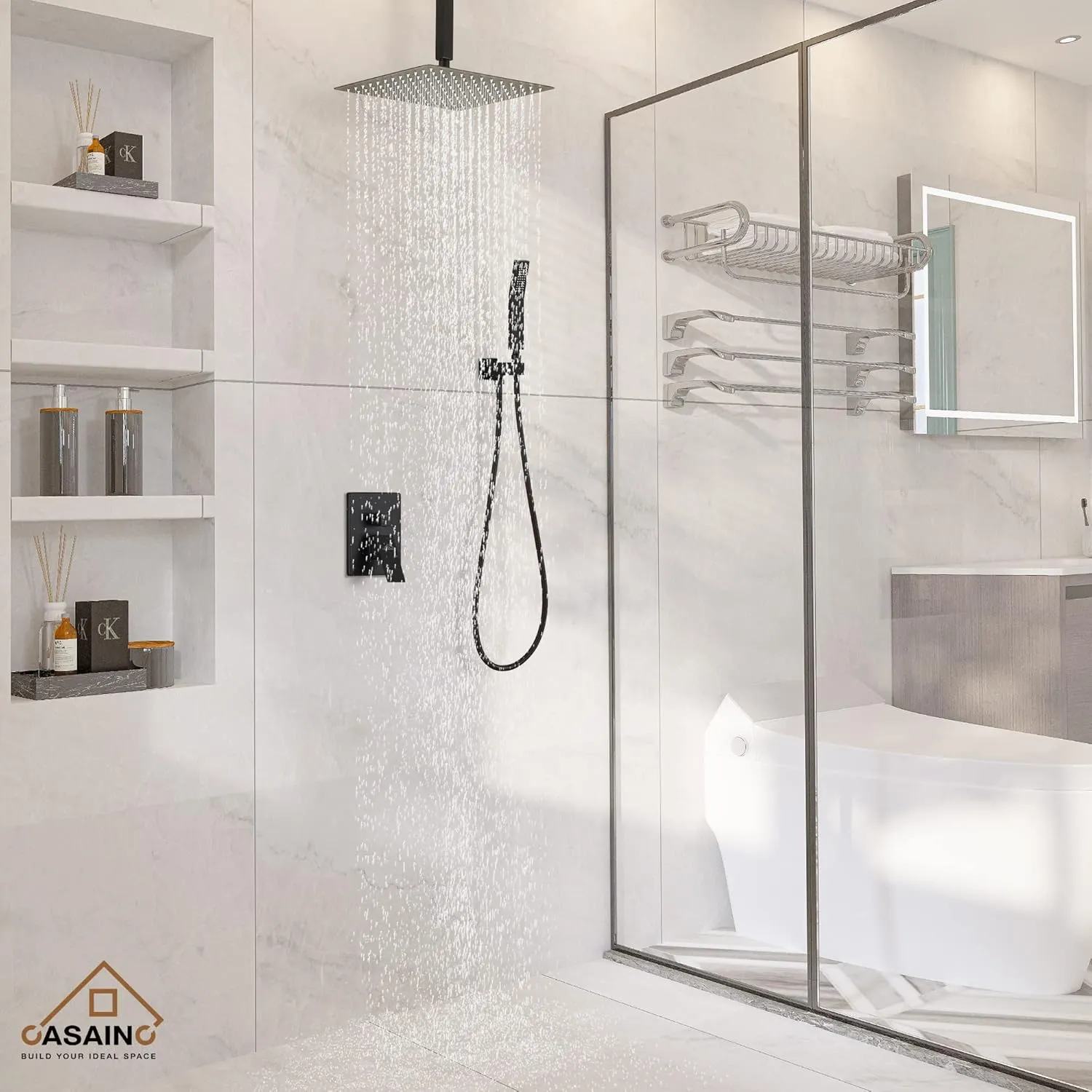 CASAINC Rainfall Shower Head Shower System 12" Ceiling Mounted Shower Head with Handheld Spray Combo Shower Trim Kit, Matte Black