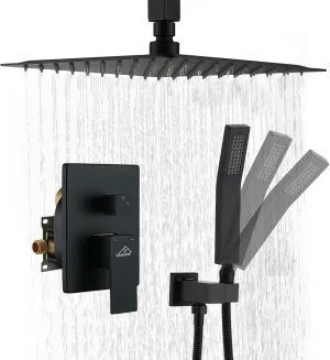 CASAINC Rainfall Shower Head Shower System 12" Ceiling Mounted Shower Head with Handheld Spray Combo Shower Trim Kit, Matte Black