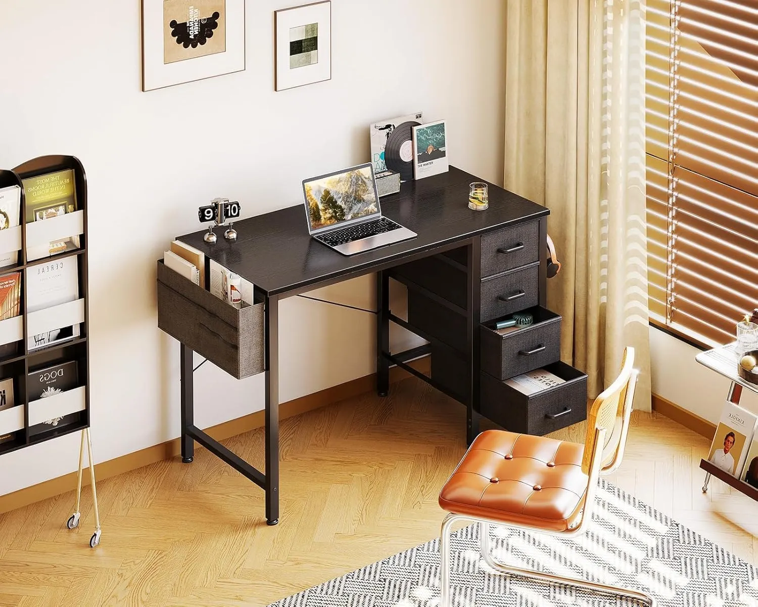 Casaottima 32 Inch Small Computer Desk with 4 Fabric Drawers, Home Office Desks with Storage & Side Hook and Cloth Bag, Modern Study/Work Table for Bedroom and Small Space, Pure Black