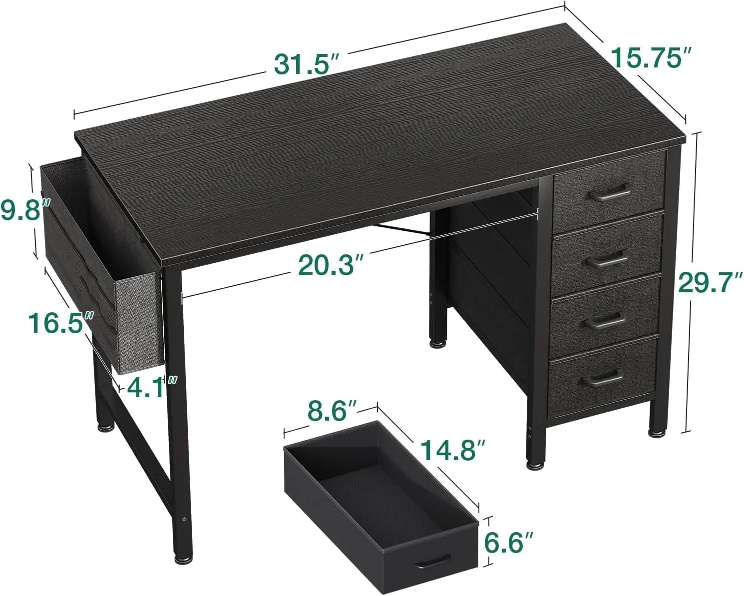 Casaottima 32 Inch Small Computer Desk with 4 Fabric Drawers, Home Office Desks with Storage & Side Hook and Cloth Bag, Modern Study/Work Table for Bedroom and Small Space, Pure Black