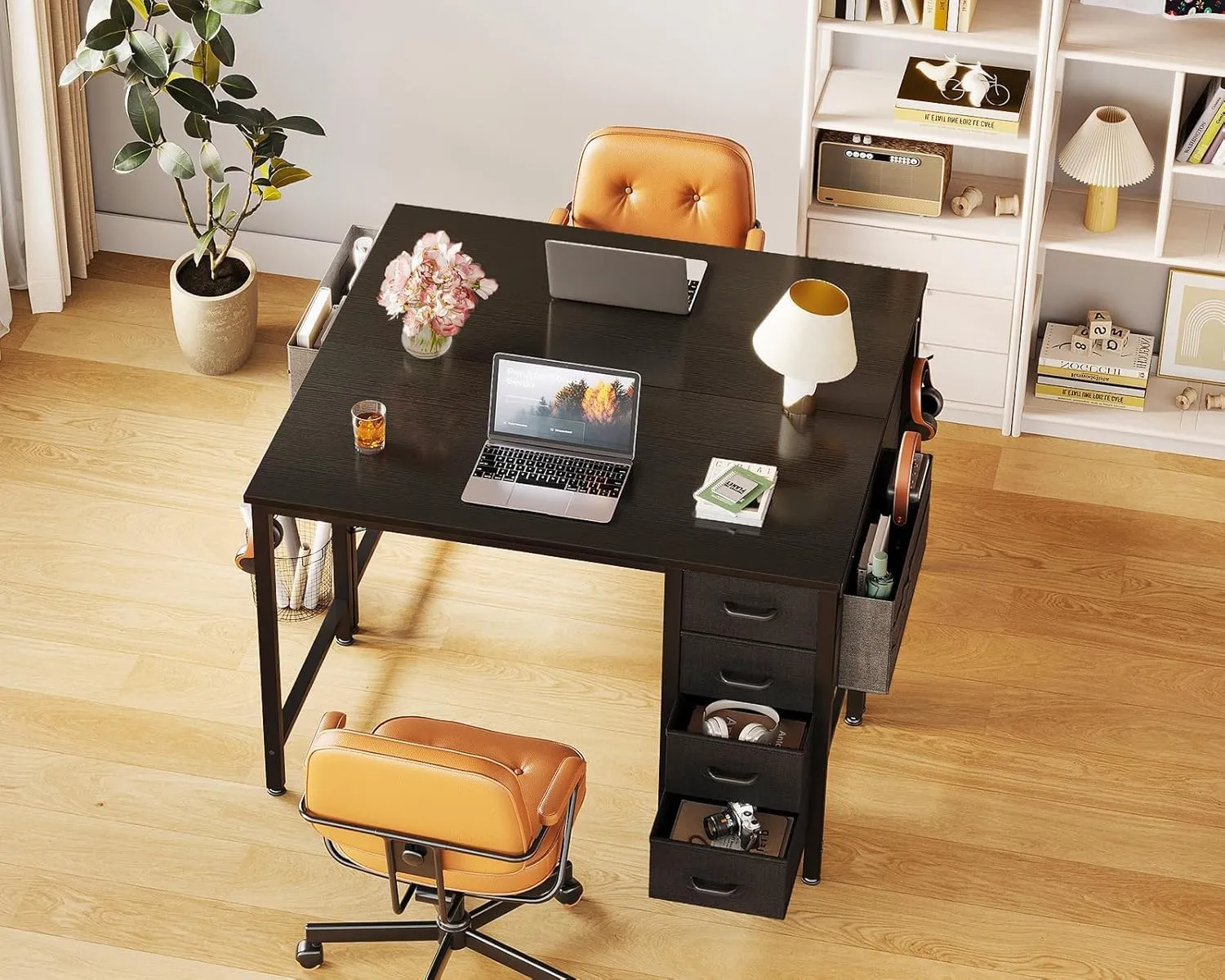 Casaottima 32 Inch Small Computer Desk with 4 Fabric Drawers, Home Office Desks with Storage & Side Hook and Cloth Bag, Modern Study/Work Table for Bedroom and Small Space, Pure Black