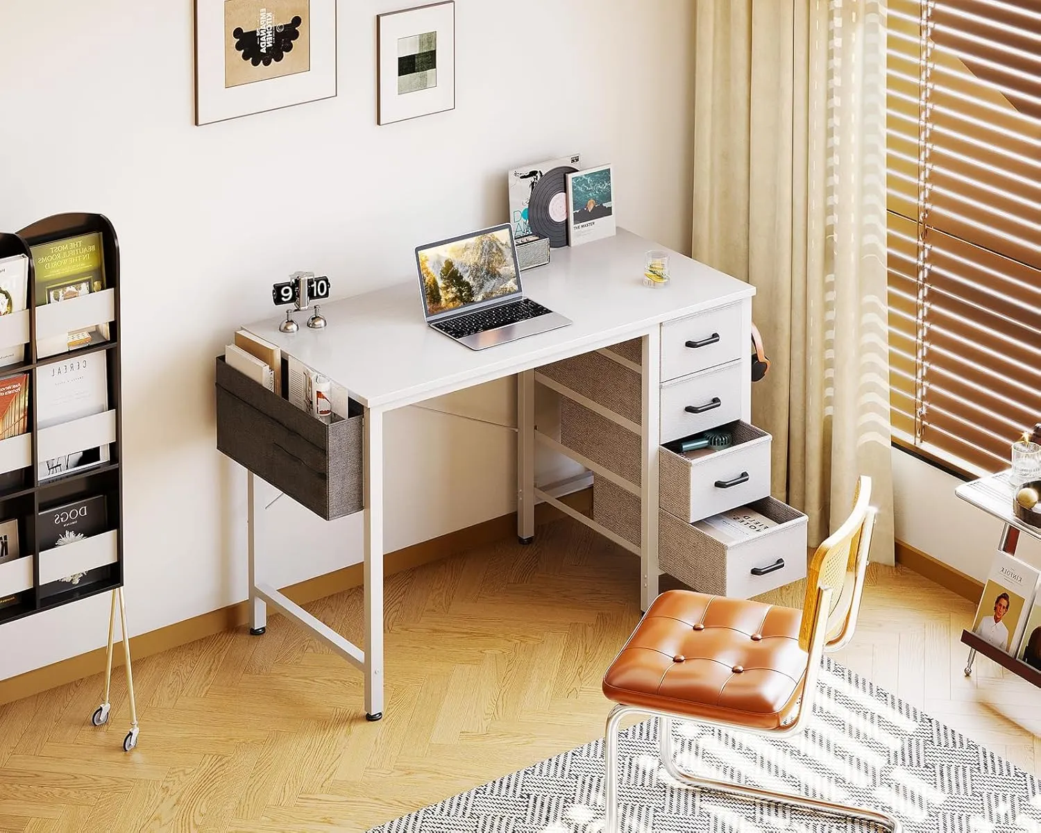 Casaottima 32-Inch Small Computer Desk with 4 Fabric Drawers, Storage, Side Hook and Cloth Bag, Kids Desk Study/Work Table for Bedroom and Small Space, White