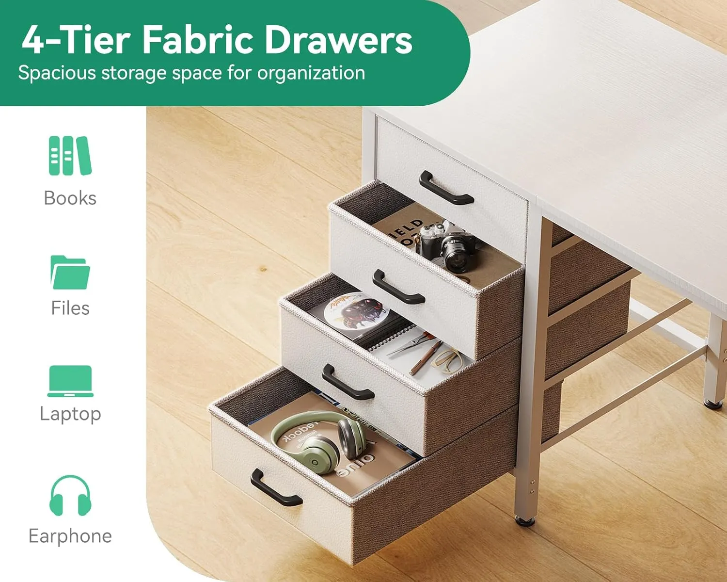 Casaottima 32-Inch Small Computer Desk with 4 Fabric Drawers, Storage, Side Hook and Cloth Bag, Kids Desk Study/Work Table for Bedroom and Small Space, White