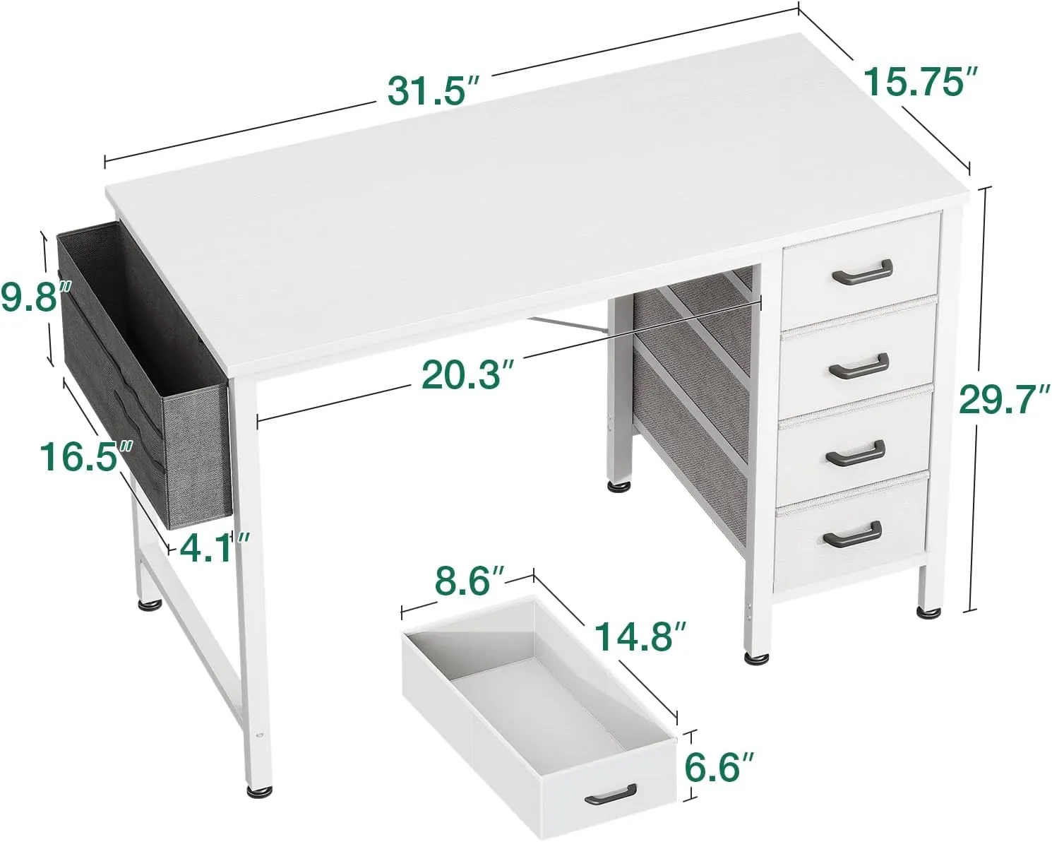 Casaottima 32-Inch Small Computer Desk with 4 Fabric Drawers, Storage, Side Hook and Cloth Bag, Kids Desk Study/Work Table for Bedroom and Small Space, White