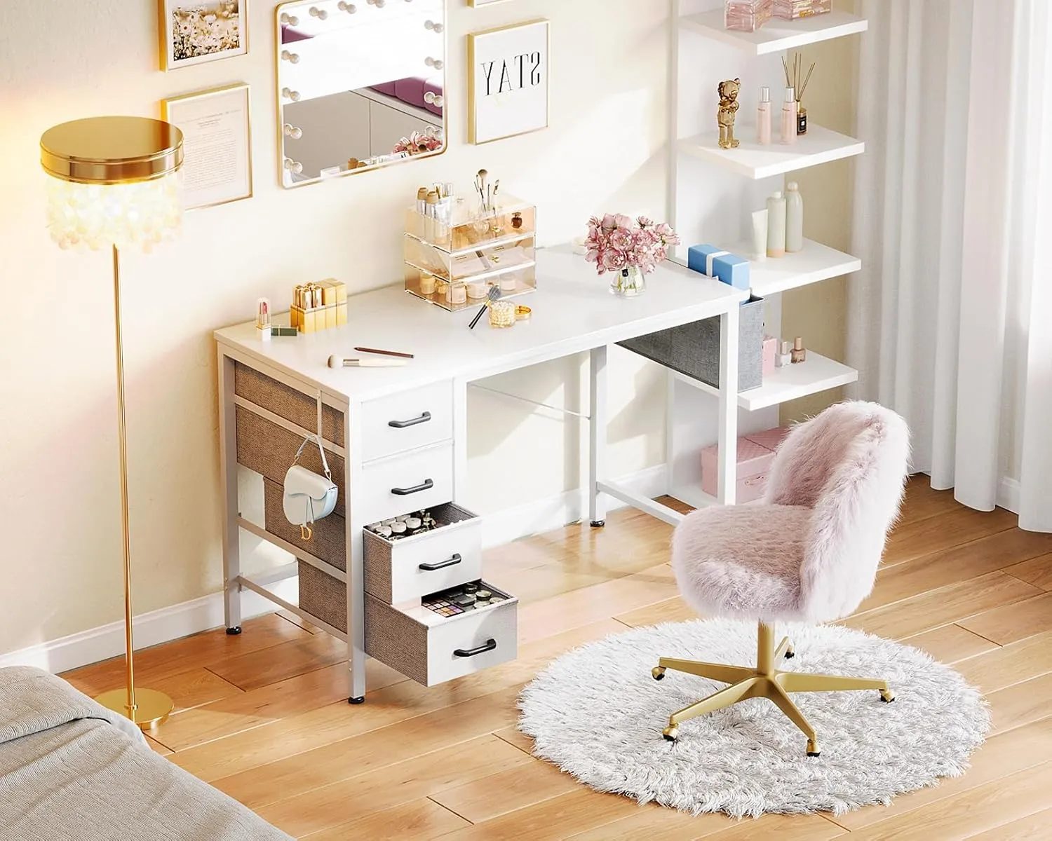 Casaottima 32-Inch Small Computer Desk with 4 Fabric Drawers, Storage, Side Hook and Cloth Bag, Kids Desk Study/Work Table for Bedroom and Small Space, White
