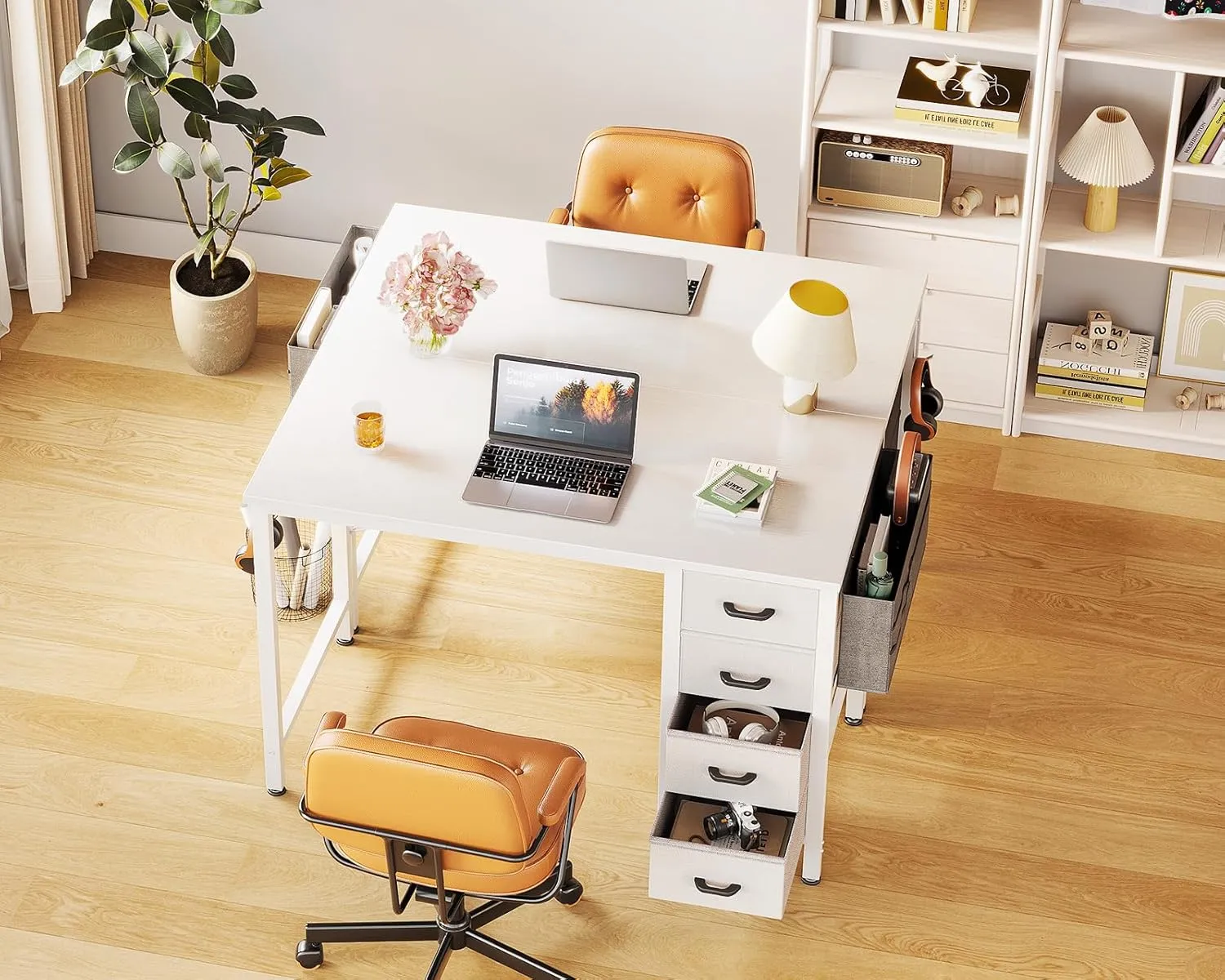 Casaottima 32-Inch Small Computer Desk with 4 Fabric Drawers, Storage, Side Hook and Cloth Bag, Kids Desk Study/Work Table for Bedroom and Small Space, White
