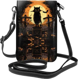 Cat On Cross Tombstone Printing Leather Crossbody Flap Phone Bag - Versatile Gift for Women Walking, Camping, Shopping, and Travel