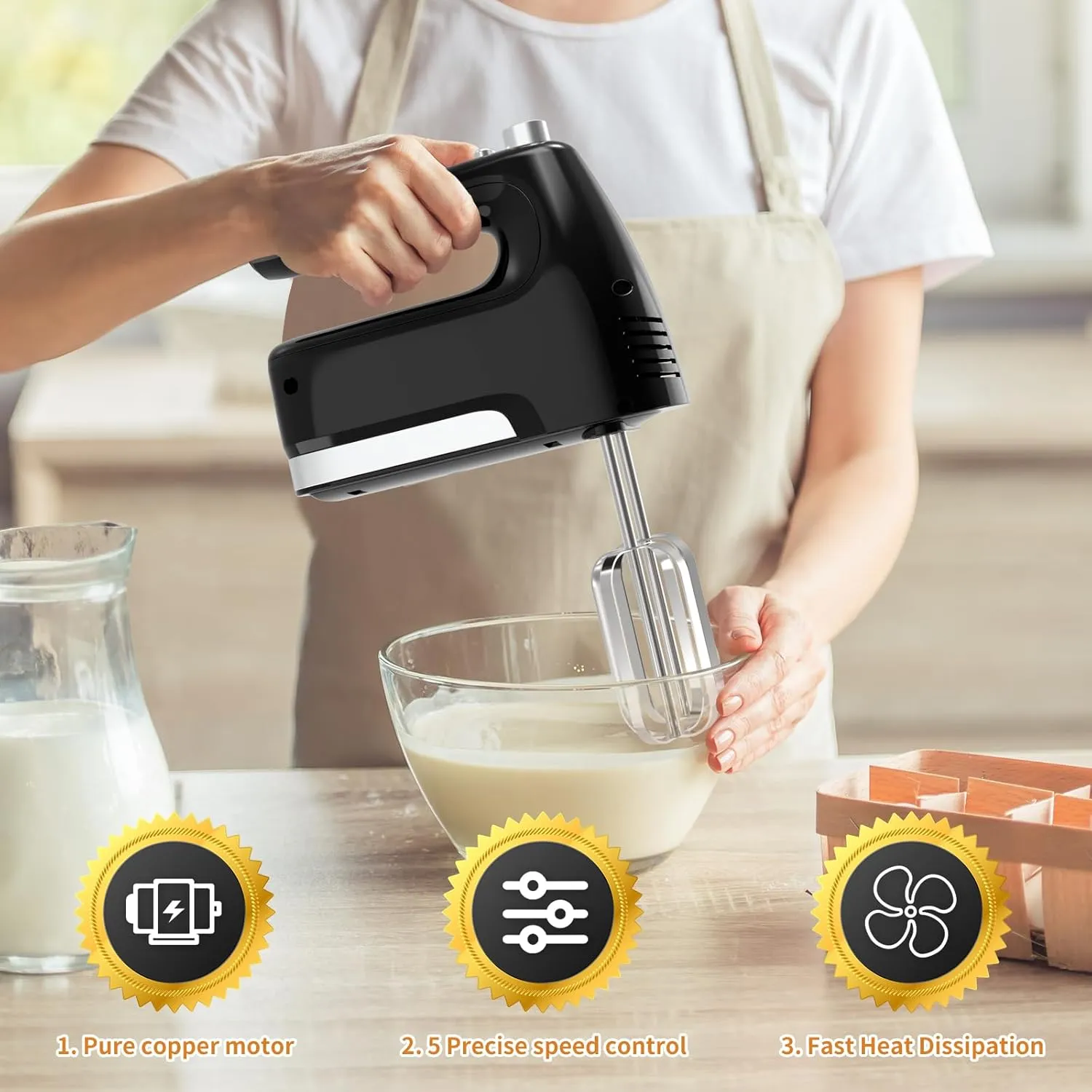 CBQ Hand Mixer Electric, 5-Speed 400W Powerful Motor, Hand Mixer Electric Handheld with Storage Case, Turbo Boost and 5x Accessories, Flat Beaters, Dough Hooks, Whisk (Black)