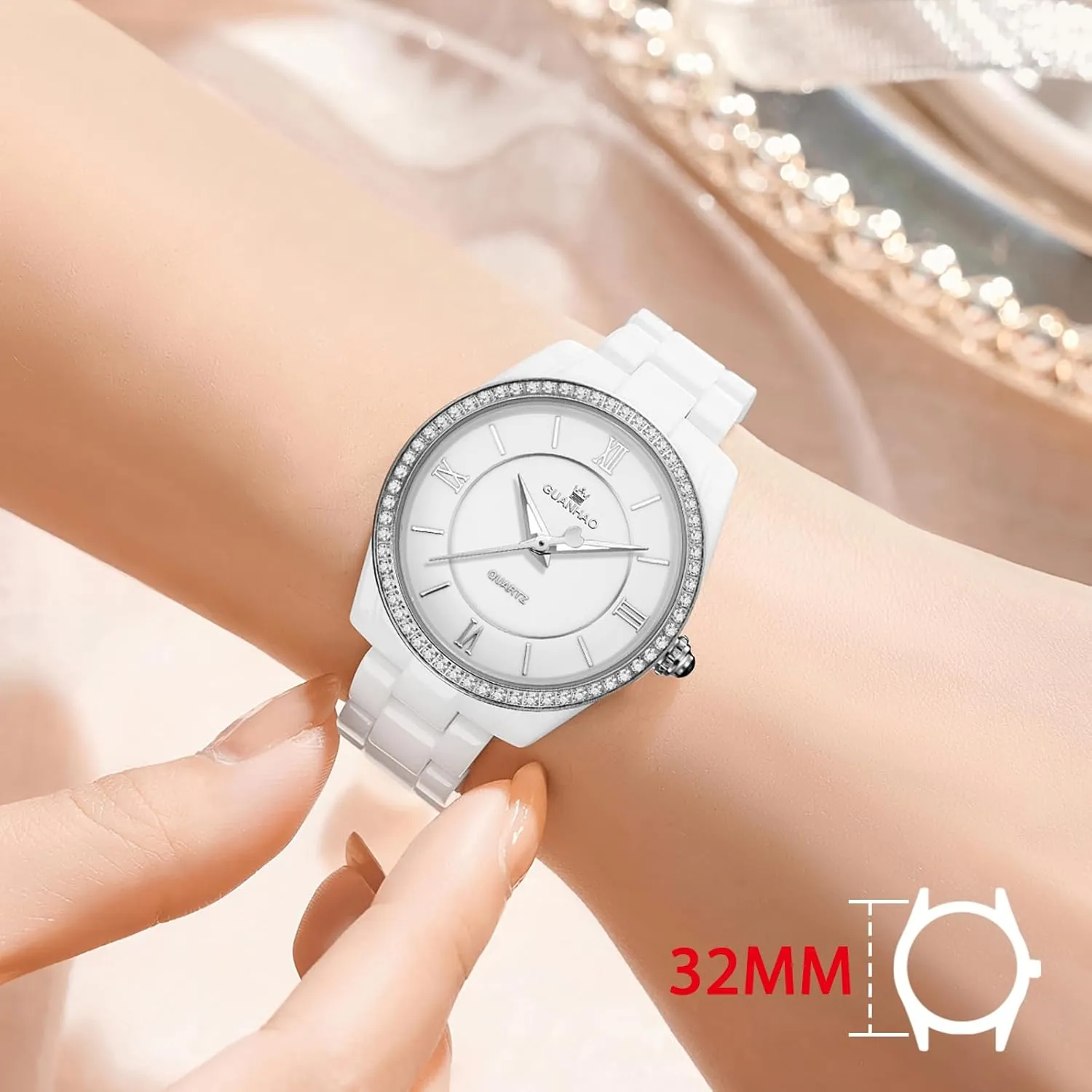 Ceramic Watches for Women, Fashion Ladies Watch Elegant Dress Women's Wristwatches with Diamond Accented Waterproof Calendar Mineral Glass