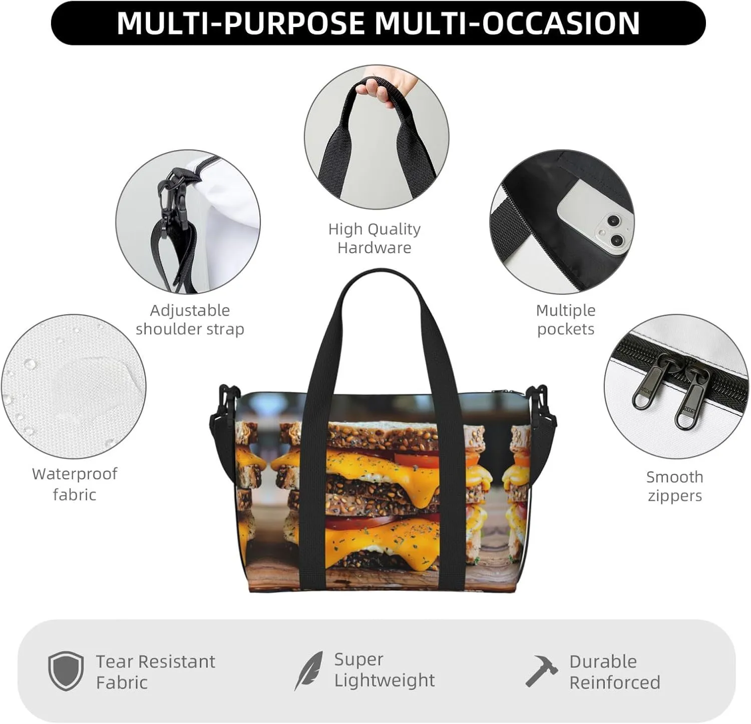 Cheese Sandwiches Small Duffel Bag Foldable Travel Bag Weekender Bag Overnight Gym Hospital Bags For Women&Men