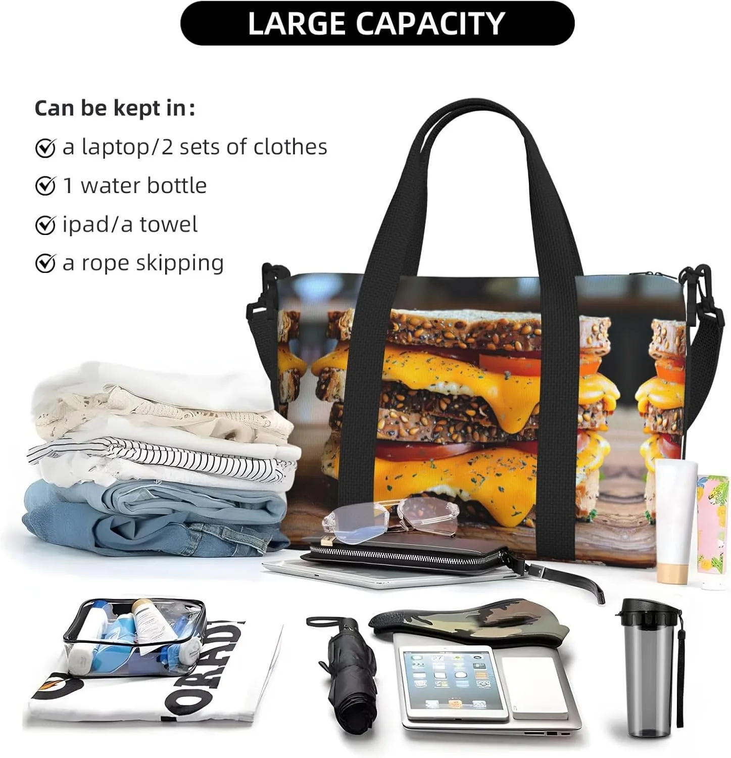 Cheese Sandwiches Small Duffel Bag Foldable Travel Bag Weekender Bag Overnight Gym Hospital Bags For Women&Men