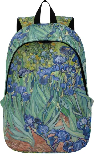 CHIFIGNO Blue Pink Casual Womens Daypack Cute Backpack Impressionist Blue Irises Field Medium Backpack for Girls Bookbag