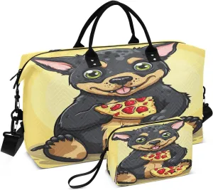 Chihuahua Dog Pizza Travel Duffel Bag with Toiletry Bag Weekender Bag for Carry on Sports Gym Bag for Travel Gym Yoga