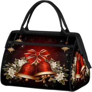 Christmas Bells Ribbon Flowers Gym Bag for Women Men, Travel Sports Duffel Bag with Trolley Sleeve, Waterproof Sports Gym Bag Weekender Overnight Bag Carry On Tote Bag for Travel Gym Sport