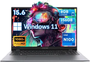 CHUWI 15.6 inch Laptop, 8GB LPDDR5 RAM 256GB SSD, Intel N100(Beat to i3-1115G4, Up to 3.4GHz), FHD 2K IPS Display, 1TB SSD Expand, RJ45, WiFi 6, BT5.2, HDMI, USB3.0, Webcam