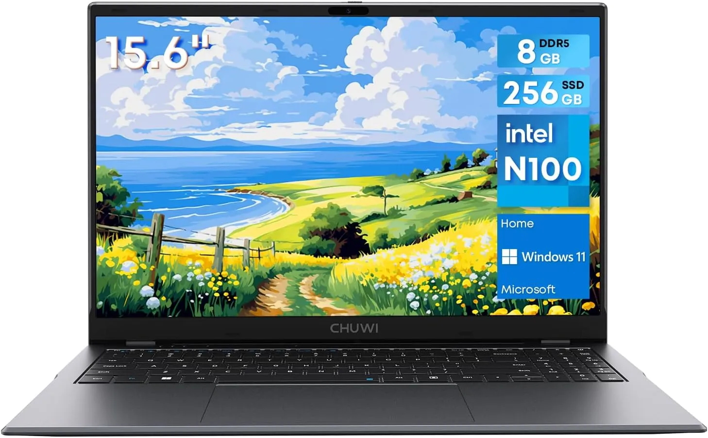 CHUWI Windows 11 Laptop 15.6", 256GB SSD 8GB LPDDR5, Intel N100 CPU(Beat to i3-1115G4, Up to 3.4GHz),180° Opening, FHD IPS 2K, WiFi6, BT 5.2, HDMI, USB 3.0, Type-C, RJ45, Webcam
