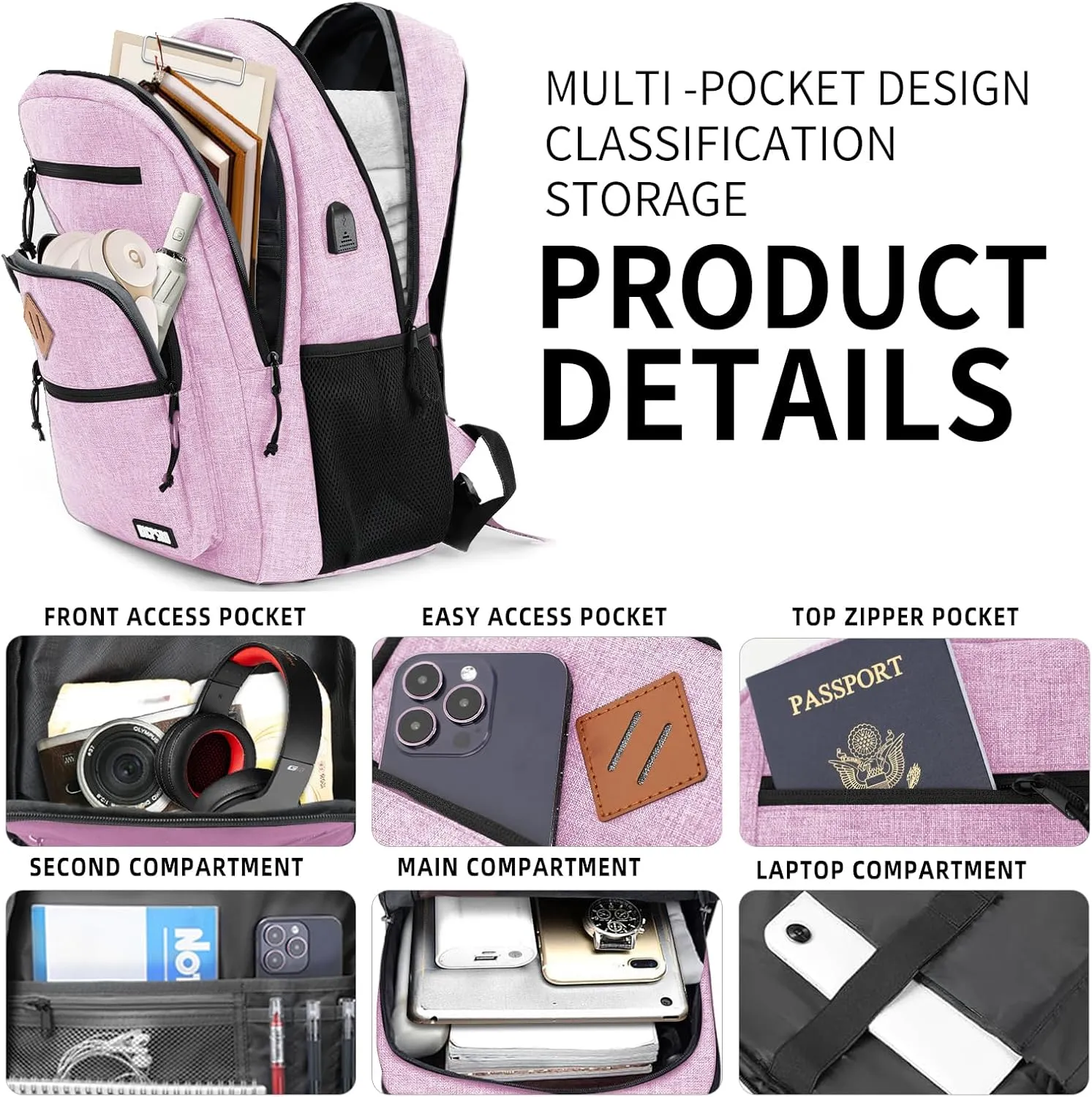 Classic Backpack for Men Women, School Backpack for Girls Boy Teens,15.6 Inch Laptop Bookbag with USB Charger for College High School Work Business Computer Back Pack,mochilas para hombres,Pink