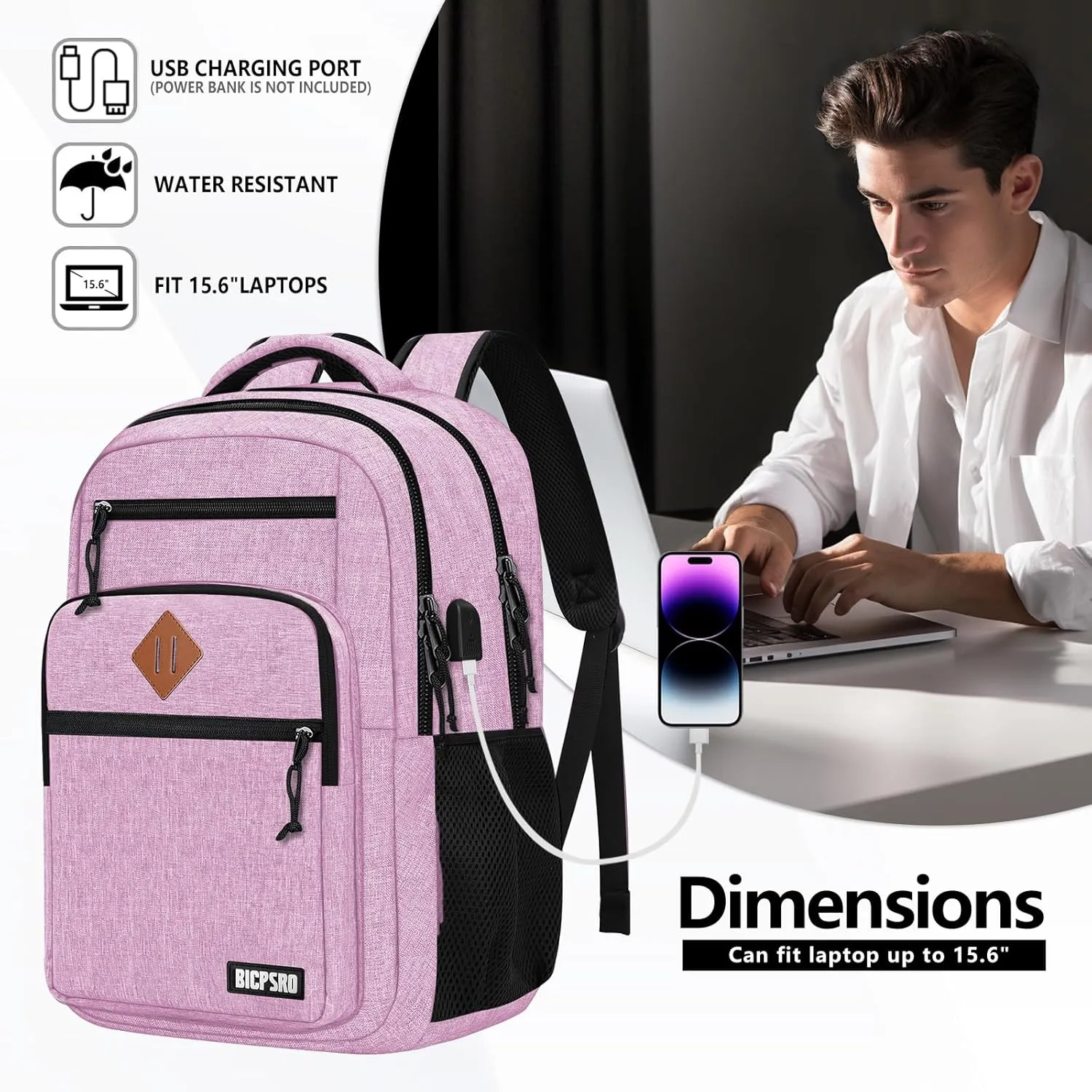 Classic Backpack for Men Women, School Backpack for Girls Boy Teens,15.6 Inch Laptop Bookbag with USB Charger for College High School Work Business Computer Back Pack,mochilas para hombres,Pink