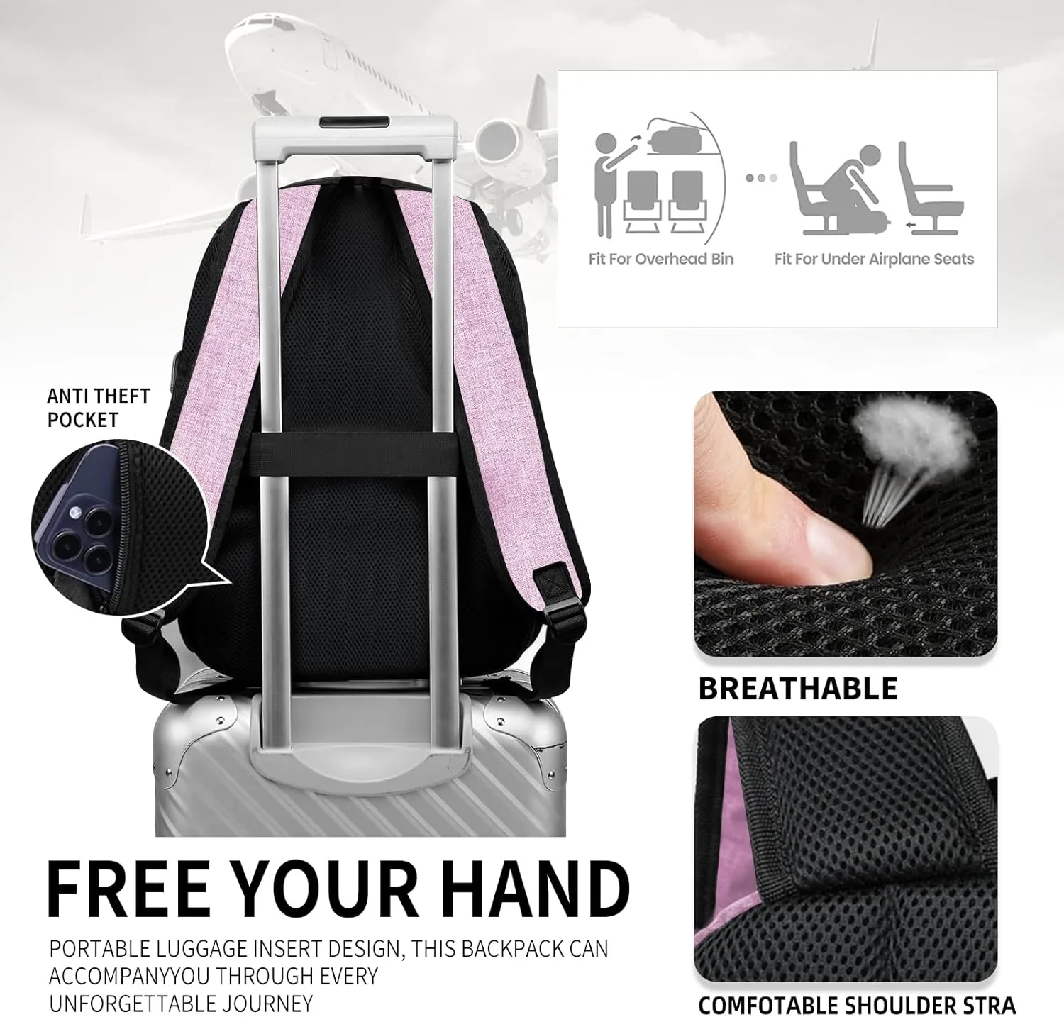 Classic Backpack for Men Women, School Backpack for Girls Boy Teens,15.6 Inch Laptop Bookbag with USB Charger for College High School Work Business Computer Back Pack,mochilas para hombres,Pink
