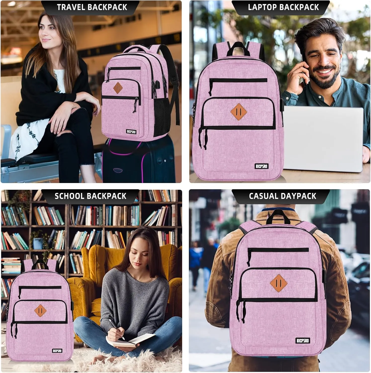 Classic Backpack for Men Women, School Backpack for Girls Boy Teens,15.6 Inch Laptop Bookbag with USB Charger for College High School Work Business Computer Back Pack,mochilas para hombres,Pink