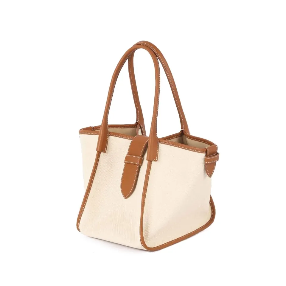 Classic Large Square Commuter Tote Bag | Top Handle Bag in Canvas & Leather _ Brown