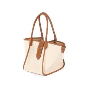 Classic Large Square Commuter Tote Bag | Top Handle Bag in Canvas & Leather _ Brown