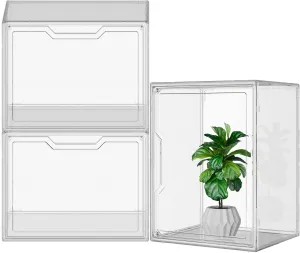 Clear Acrylic Display Case, Stackable Sneaker Shoe Box Transparent Storage Bins Clear Plastic Handbag Boot Organizer Containers with Lids for Size 14, X-Large (3 packs)