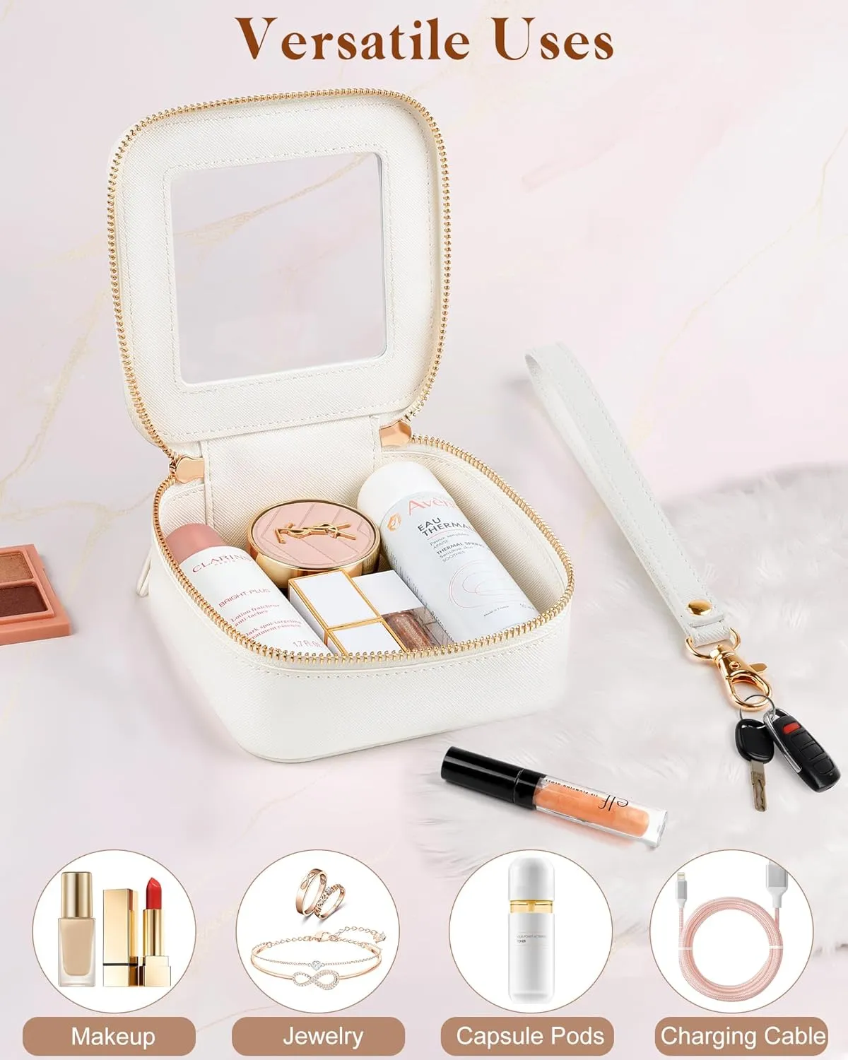 Clear Makeup Bag | Mini Makeup Bag | Small Makeup Bag/Small Cosmetic Bag for Purse | Cute Leather Makeup Pouch | Purse Organizer | Car Travel Pouch Essentials for Women Teens Gift (White Mini)