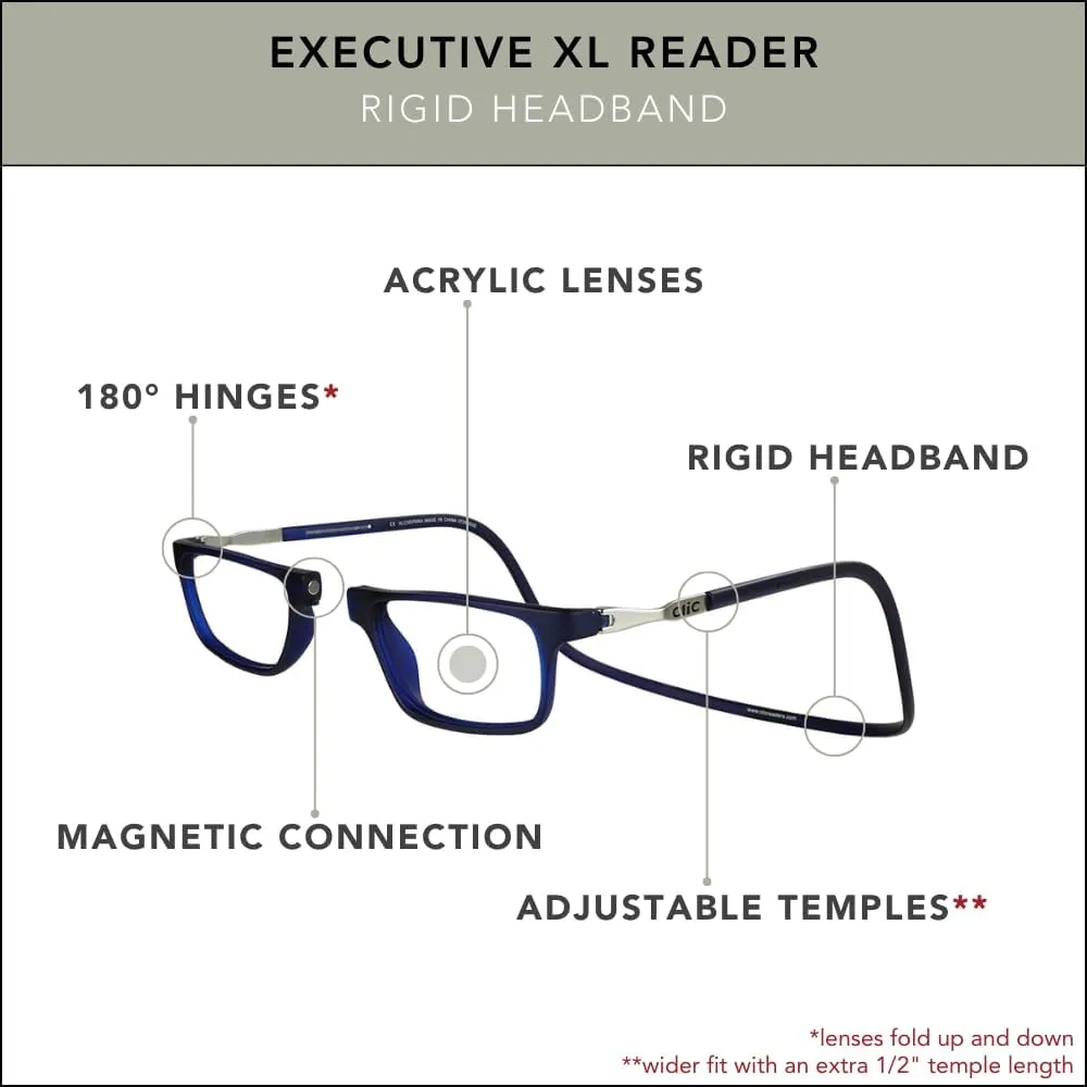 Clic Magnetic Reading Glasses for Men or Women, Computer Readers, Executive XL (XL-XXL, Dark Matte Blue, 1.25 Magnification)