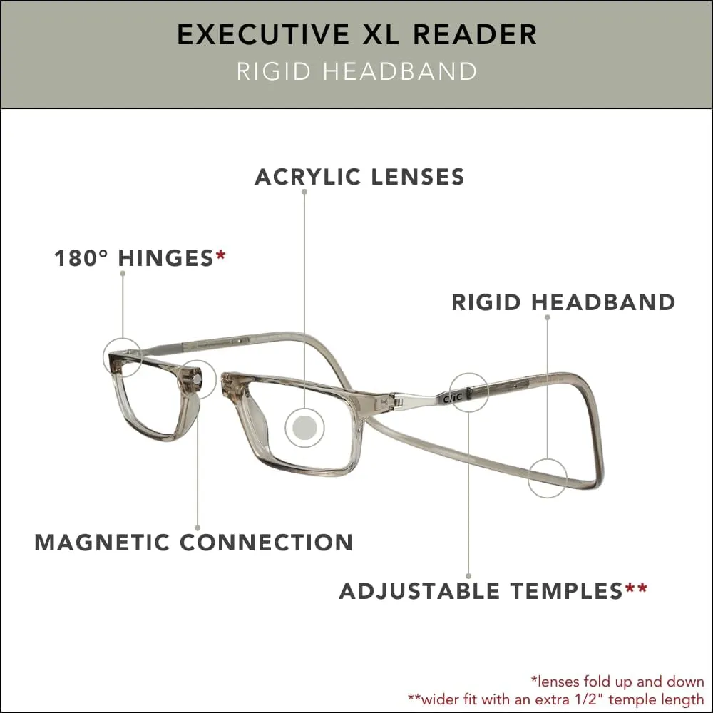 Clic Magnetic Reading Glasses for Men or Women, Computer Readers, Executive XL (XL-XXL, Grey, 1.25 Magnification)