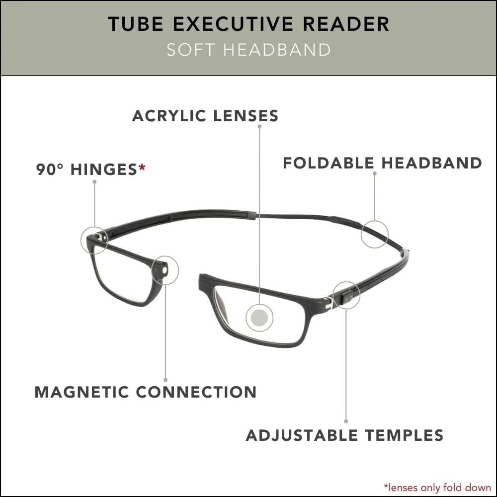 Clic Magnetic Reading Glasses for Men or Women, Computer Readers, Tube Executive (Matte Black, 1.25 Magnification)