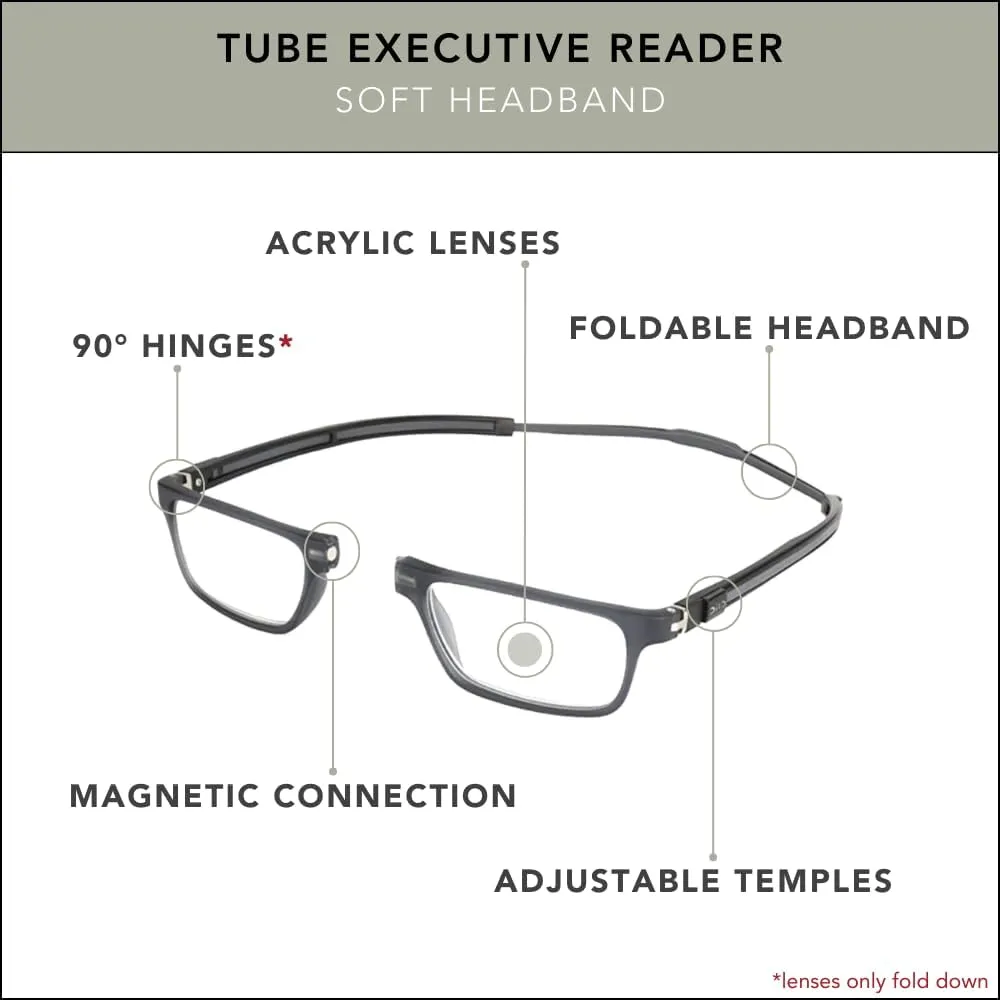 Clic Magnetic Reading Glasses for Men or Women, Computer Readers, Tube Executive (Matte Grey, 1.25 Magnification)