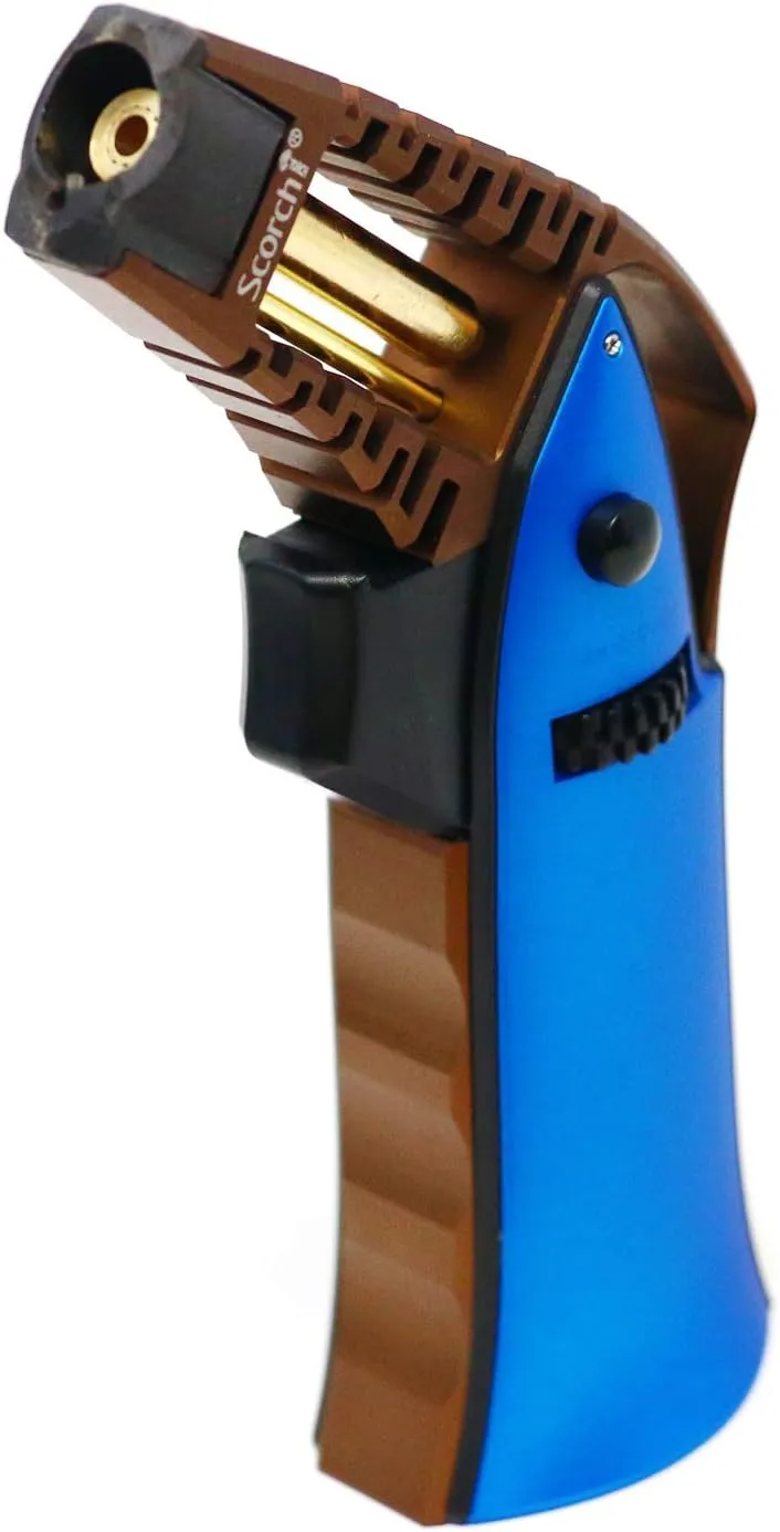 CNC Machined 6.75" Tall Handheld Aluminum Flame Adjustable Butane Refillable Torch In Gift Box (Bronze Blue)