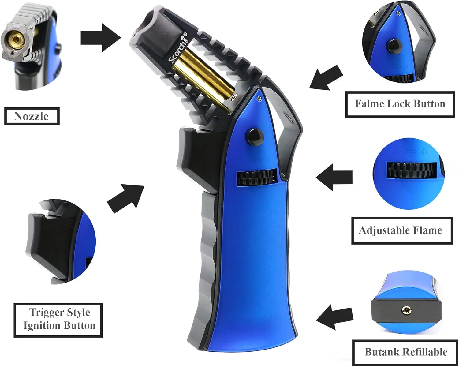 CNC Machined 6.75" Tall Handheld Aluminum Flame Adjustable Butane Refillable Torch In Gift Box (Bronze Blue)