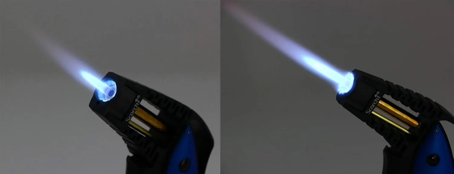 CNC Machined 6.75" Tall Handheld Aluminum Flame Adjustable Butane Refillable Torch In Gift Box (Bronze Blue)