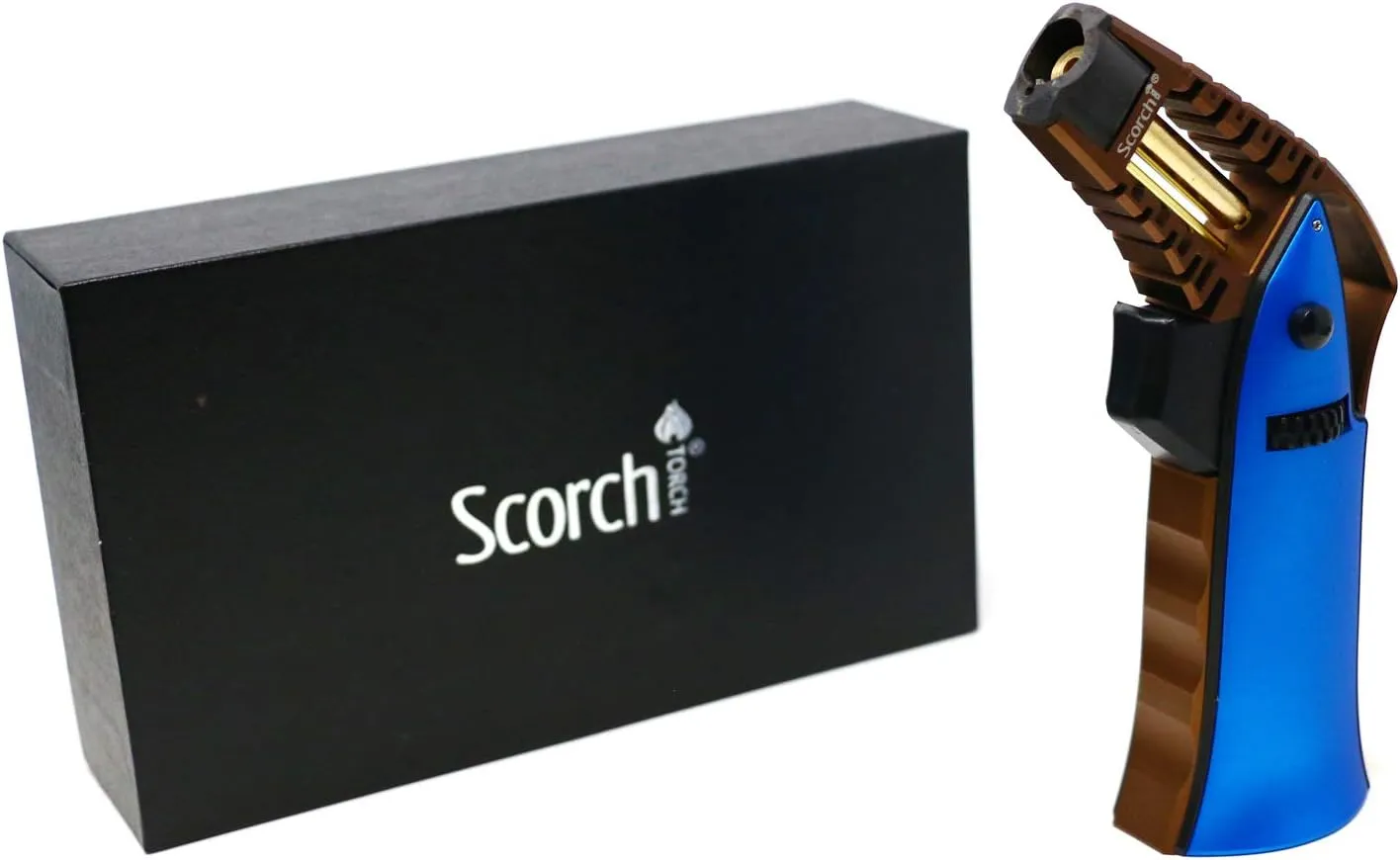 CNC Machined 6.75" Tall Handheld Aluminum Flame Adjustable Butane Refillable Torch In Gift Box (Bronze Blue)