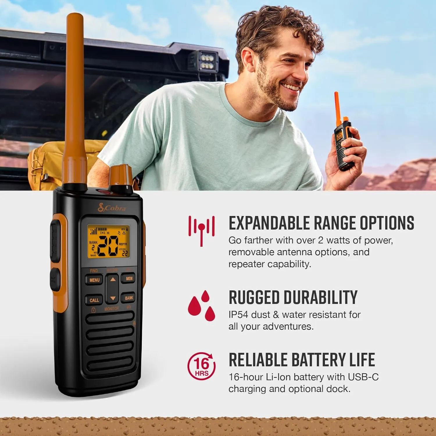 Cobra Trailblazer 450 GMRS Handheld Radios, 2-Pack – IP54 Weather Resistant Long Range Walkie Talkies, Rechargeable, 30 Channels, GMRS Repeater Compatible