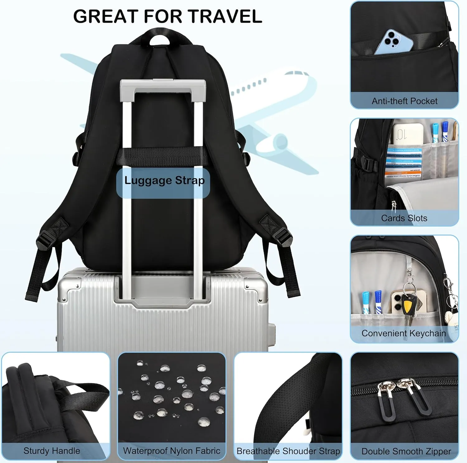 College Backpack Laptop Backpacks 15.6 Inch for Men Women Elementary Middle High School Book Bag For Teens Girls Boys Student Anti Theft Travel Daypack Large Bookbags-Black