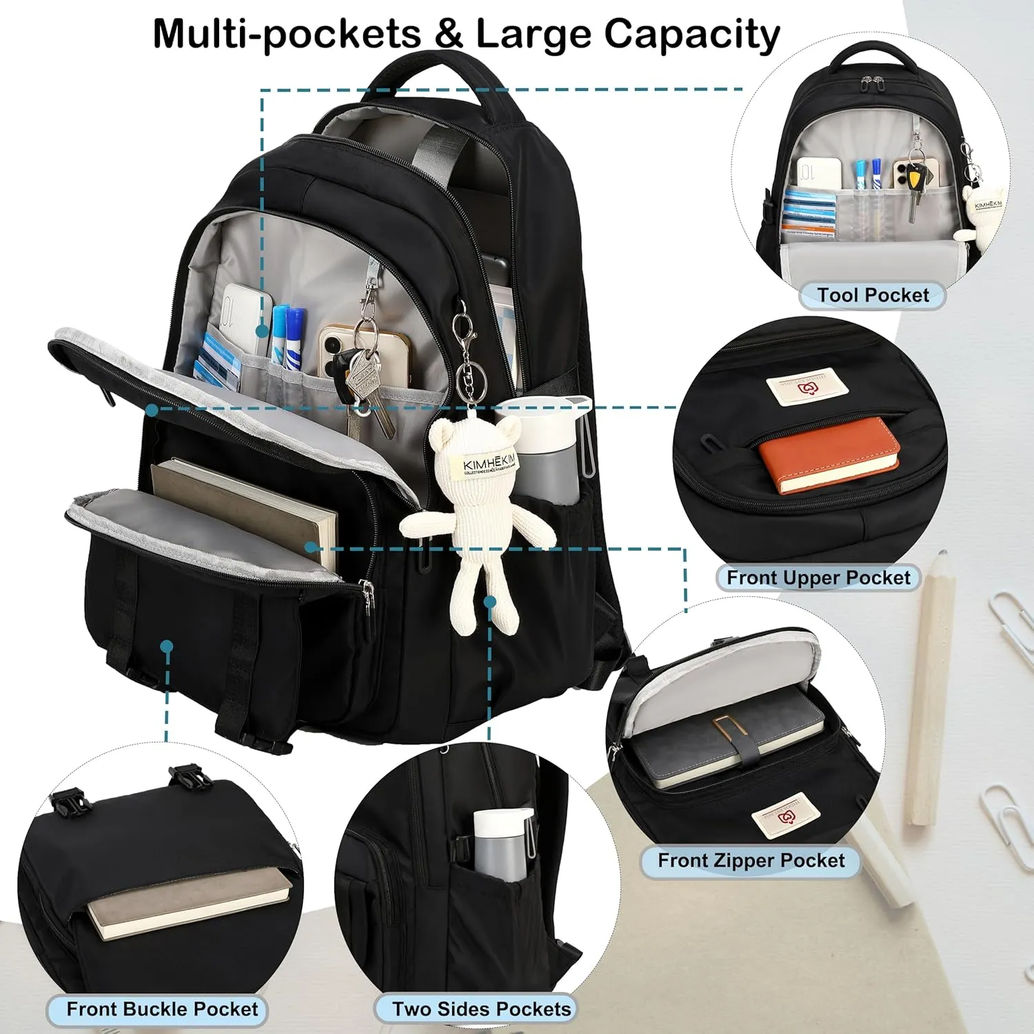 College Backpack Laptop Backpacks 15.6 Inch for Men Women Elementary Middle High School Book Bag For Teens Girls Boys Student Anti Theft Travel Daypack Large Bookbags-Black
