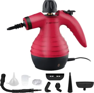 Comforday Handheld Pressurized Steam Cleaner - Multipurpose Steamer with 9-Piece Accessory Kit for Stain Removal, Upholstery, Curtains, Car Seats, Carpets, Floors, and Windows (Red)