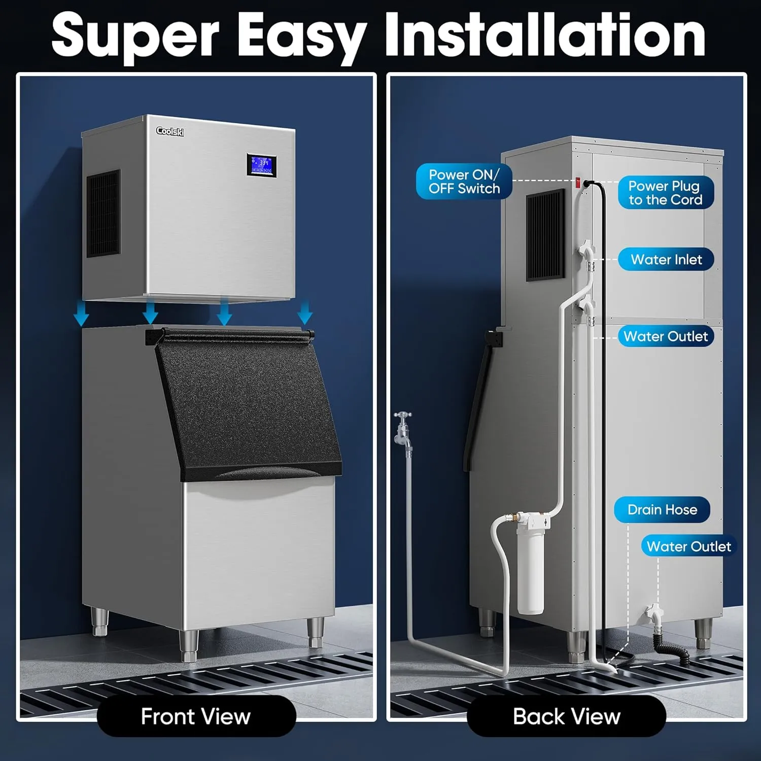 Commercial Ice Maker Machine 550LBS/Day, 22’’ Wide Industrial Ice Machine with Large Storage Bin, Ice Ready in 5-15 min, Ice Maker for Restaurant/Bars, Stainless Steel/ETL Approved