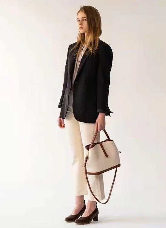 Commuter Crossbody Tote Bag | Top Handle Bag in Leather & Canvas _ Brown