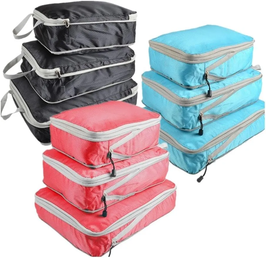 Compressible Packing Travel Organiser Waterproof Suitcase Nylon Portable Tote Bag Luggage Storage Case(05lattice sky blue)
