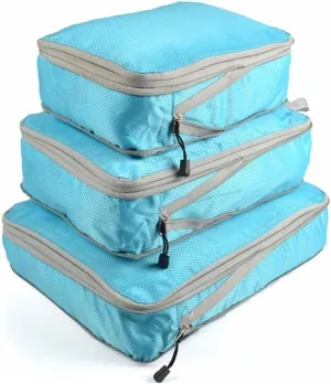 Compressible Packing Travel Organiser Waterproof Suitcase Nylon Portable Tote Bag Luggage Storage Case(05lattice sky blue)