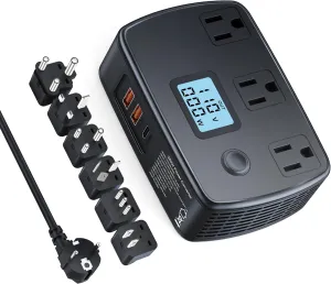 Converter for European Travel 220V to 110V Converter PD30W QC3.0 3 AC Outlets 250W Voltage Converter with Voltage and Wattage Display Power Converter Adapter Combo for EU/UK/IT/AUS/Asia/India/S.Africa