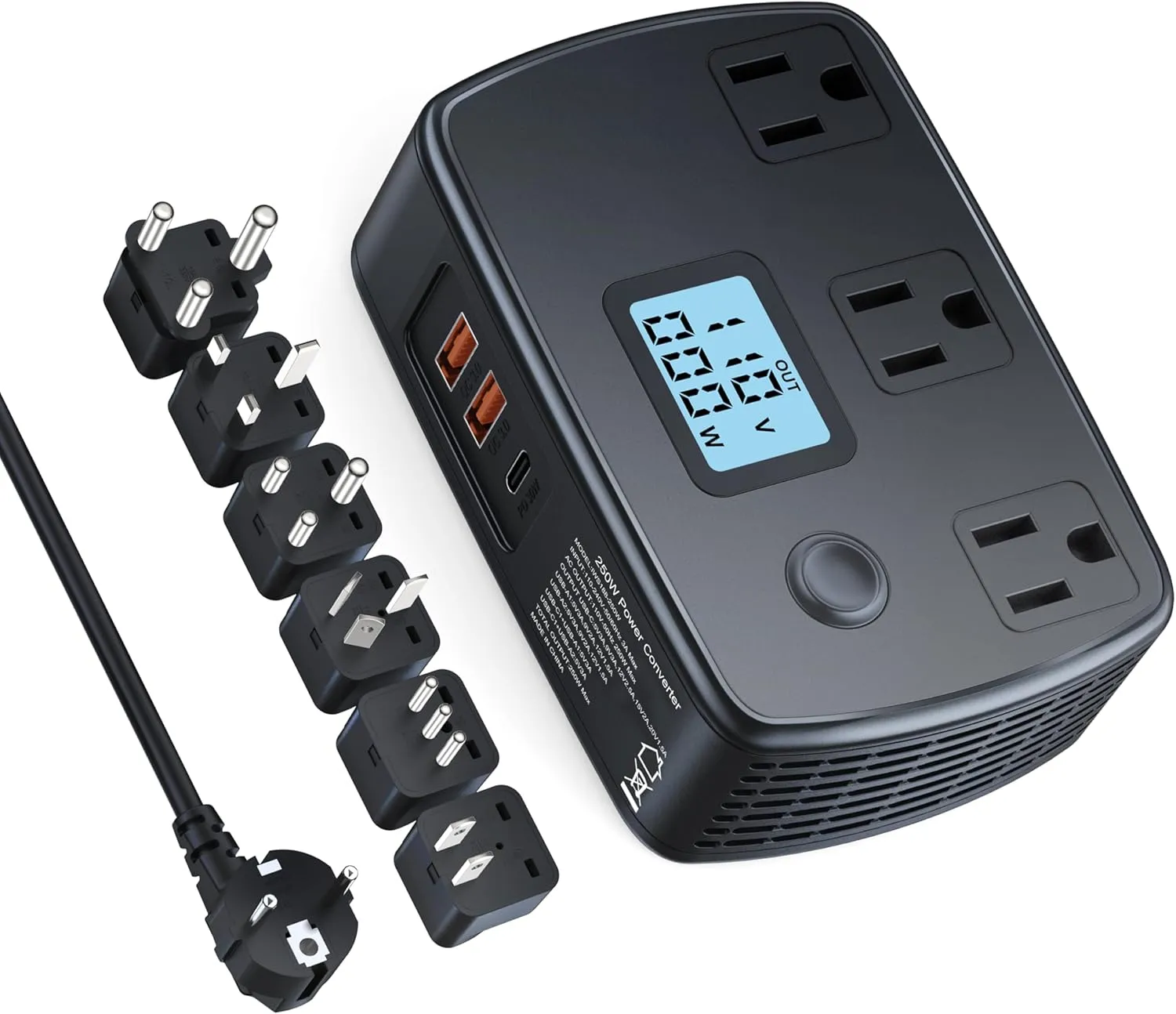Converter for European Travel 220V to 110V Converter PD30W QC3.0 3 AC Outlets 250W Voltage Converter with Voltage and Wattage Display Power Converter Adapter Combo for EU/UK/IT/AUS/Asia/India/S.Africa