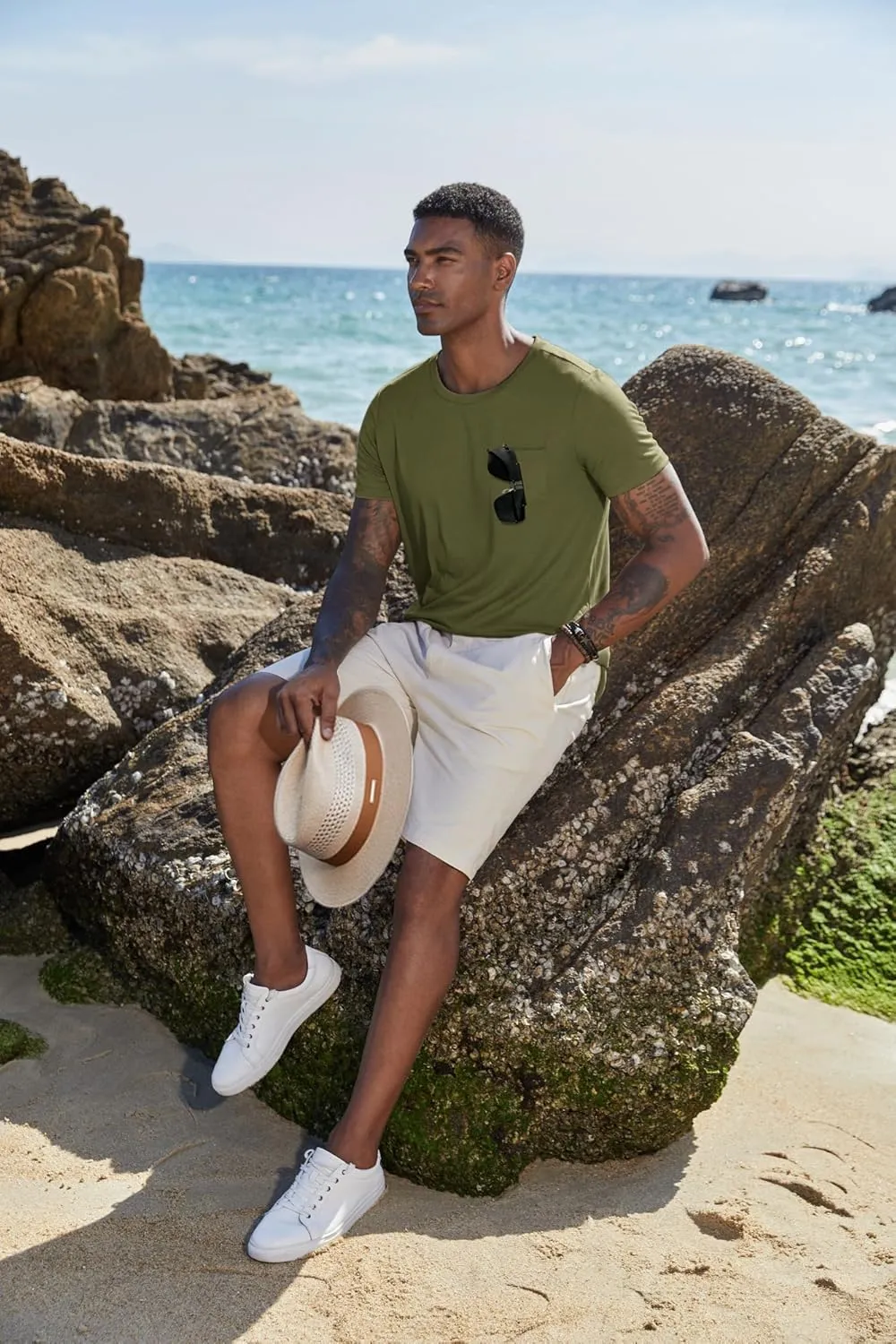 COOFANDY Men's Cotton Pocket Tee Shirts Soft Crew Neck Stretch T Shirt Plain Casual Short Sleeve Summer Basic Tops