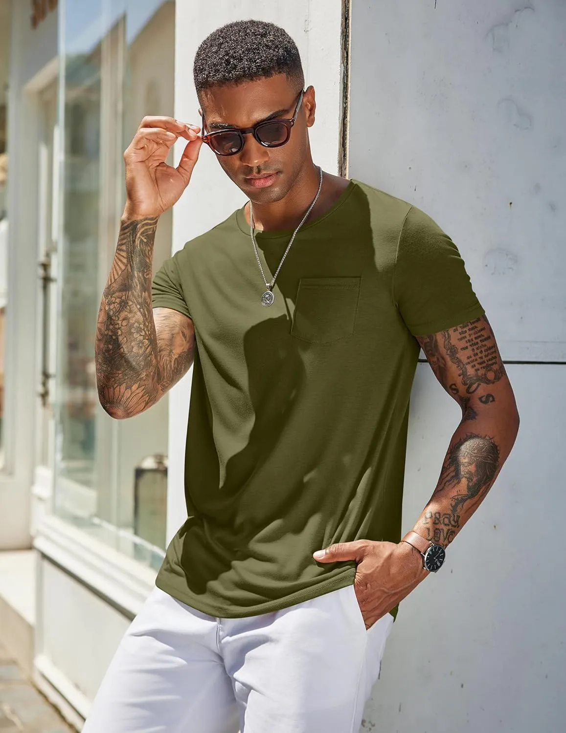 COOFANDY Men's Cotton Pocket Tee Shirts Soft Crew Neck Stretch T Shirt Plain Casual Short Sleeve Summer Basic Tops