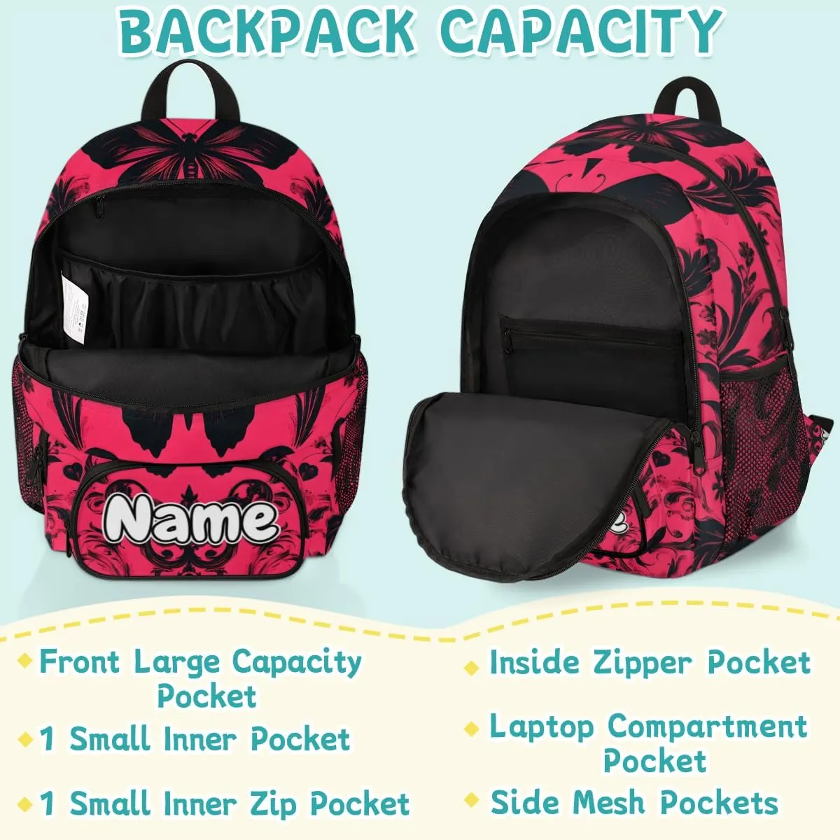 Cool Vintage Butterfly Large Custom Backpack with Name Lightweight Personalized Shoulder Bag Backpack for Women Men Waterproof Casual Daypack Laptop Bag 16.7in